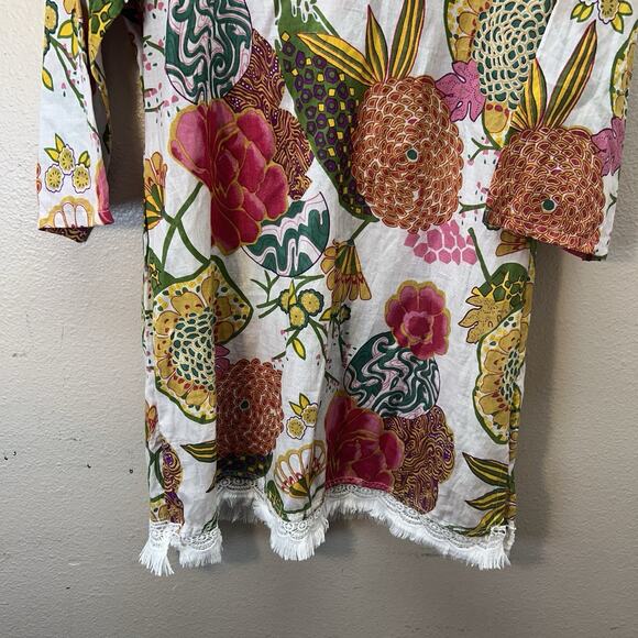 Dolma SZ M Mini Dress 3/4 Sleeve Floral Print Tunic Shift Peasant Cotton Boho - Picture 3 of 6